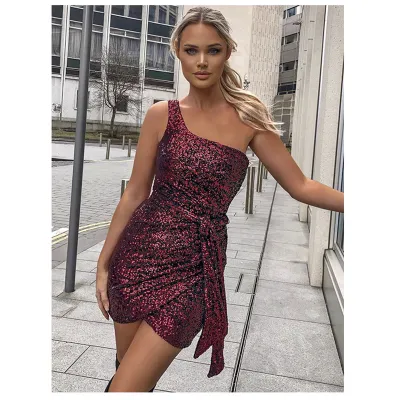 Summer Women Fashion Sexy One-Shoulder Sequin Dress