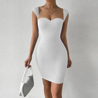 Summer Women Fashion Sexy Square Collar Strap Backless Knitted Tight Dress
