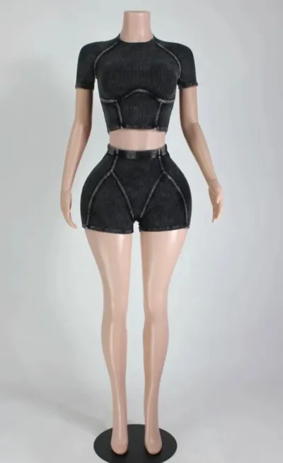 Summer Women Casual Solid Color Pit Strip Round Neck Short Sleeve Top Shorts Two-Piece Set