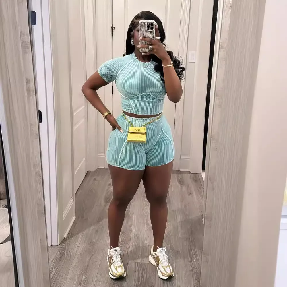 Summer Women Casual Solid Color Pit Strip Round Neck Short Sleeve Top Shorts Two-Piece Set