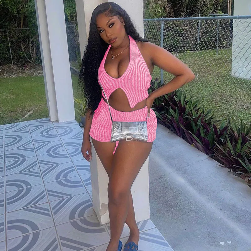 Summer Women Fashion Sexy Halter Neck Backless Sleeveless Crop Top Shorts Two-Piece Set