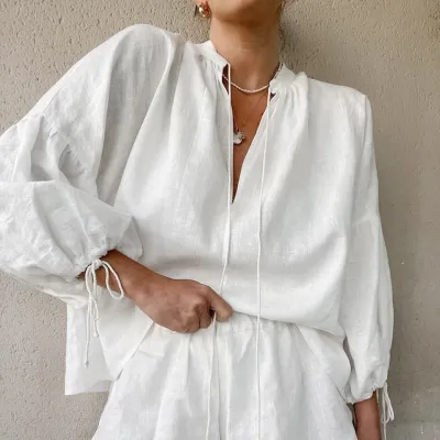 Summer Women's Solid Color V-Neck Lantern Sleeve Top Shorts Two-Piece Set