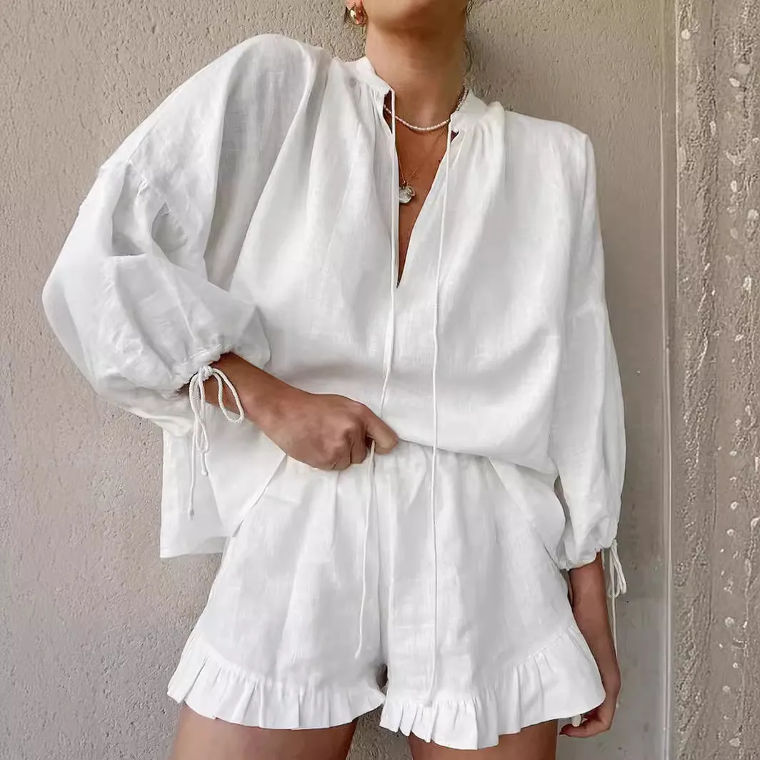 Summer Women's Solid Color V-Neck Lantern Sleeve Top Shorts Two-Piece Set