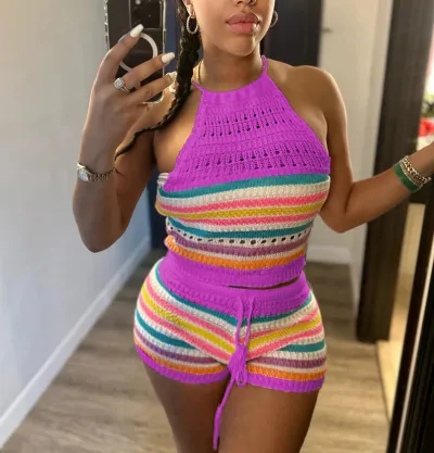 Summer Women Fashion Sexy Color Block Stripe Knitted Halter Neck Top Tight Shorts Two-Piece Set
