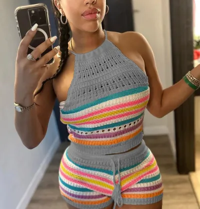Summer Women Fashion Sexy Color Block Stripe Knitted Halter Neck Top Tight Shorts Two-Piece Set