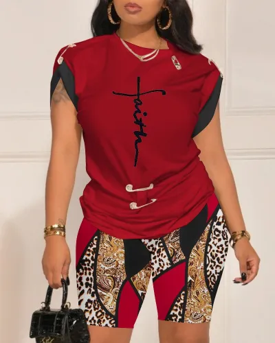 Summer Women's Street Hipster Graphic Print Round Neck Short Sleeve Top Bermuda Shorts Two-Piece Set
