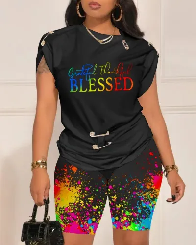 Summer Women's Street Hipster Graphic Print Round Neck Short Sleeve Top Bermuda Shorts Two-Piece Set