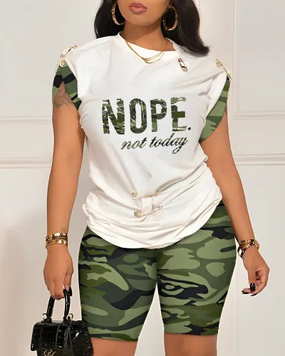 Summer Women's Street Hipster Graphic Print Round Neck Short Sleeve Top Bermuda Shorts Two-Piece Set