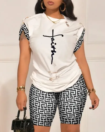 Summer Women's Street Hipster Graphic Print Round Neck Short Sleeve Top Bermuda Shorts Two-Piece Set