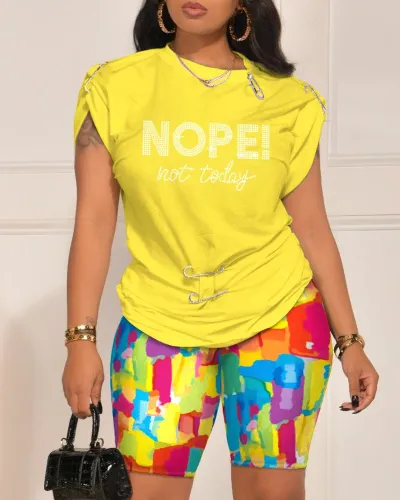 Summer Women's Street Hipster Graphic Print Round Neck Short Sleeve Top Bermuda Shorts Two-Piece Set