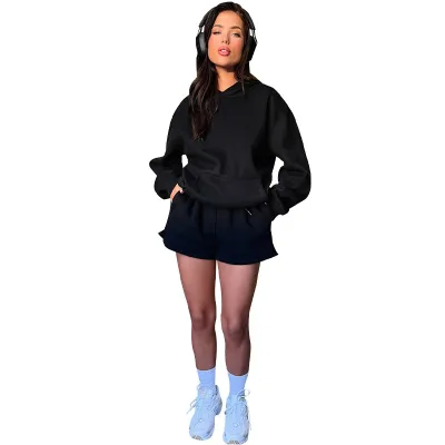 Autumn Winter Women Casual Solid Color Long Sleeve Hooded Sweater Shorts Set