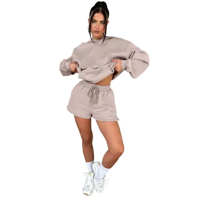 Autumn Winter Women Casual Solid Color Long Sleeve Hooded Sweater Shorts Set