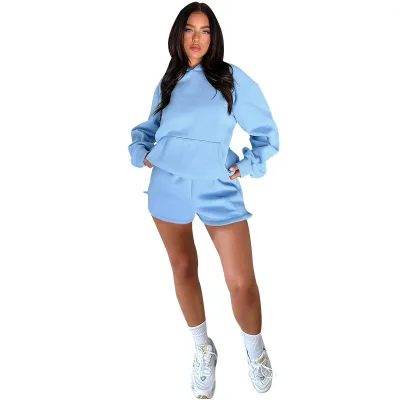 Autumn Winter Women Casual Solid Color Long Sleeve Hooded Sweater Shorts Set