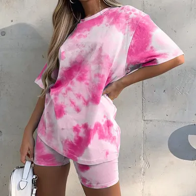 Women Casual Tie-Dye Gradient Print Round Neck Short Sleeve Top Shorts Two-Piece Set