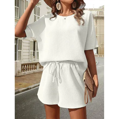 Women Casual Solid Color Round Neck Short Sleeve Top Drawstring Shorts Two-Piece Set