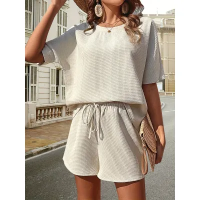 Women Casual Solid Color Round Neck Short Sleeve Top Drawstring Shorts Two-Piece Set
