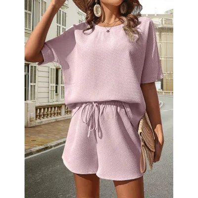 Women Casual Solid Color Round Neck Short Sleeve Top Drawstring Shorts Two-Piece Set