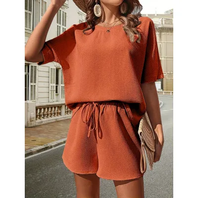 Women Casual Solid Color Round Neck Short Sleeve Top Drawstring Shorts Two-Piece Set