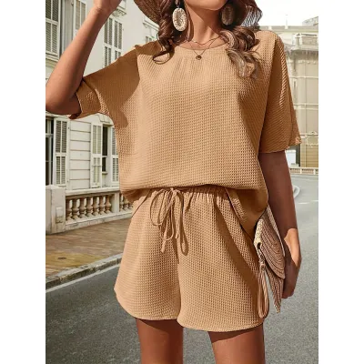 Women Casual Solid Color Round Neck Short Sleeve Top Drawstring Shorts Two-Piece Set