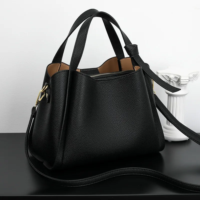 Women Fashionable Simple Solid Color Large Capacity PU Handle Shoulder Bag