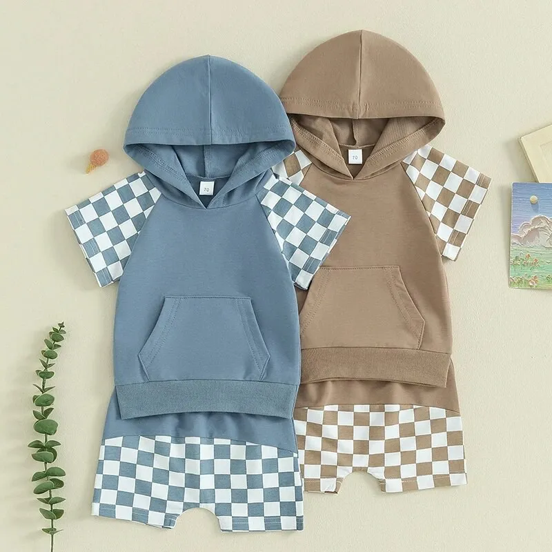Kids Baby Boys Casual Cute Plaid Print Short Sleeve Hooded Top Shorts Set Long Sleeve Cotton Pullover Two-Piece