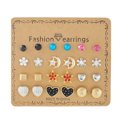 Women's Fashion Creative 12 Pair Floral Imitation Pearl Round Bead Earrings Set With Alloy Rhinestone