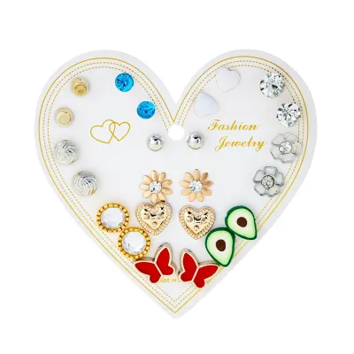 Women's Fashion Creative 12 Pair Floral Imitation Pearl Round Bead Earrings Set With Alloy Rhinestone