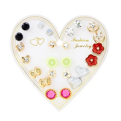 Women's Fashion Creative 12 Pair Floral Imitation Pearl Round Bead Earrings Set With Alloy Rhinestone