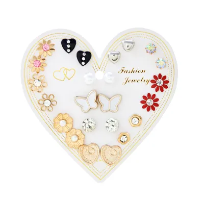 Women's Fashion Creative 12 Pair Floral Imitation Pearl Round Bead Earrings Set With Alloy Rhinestone