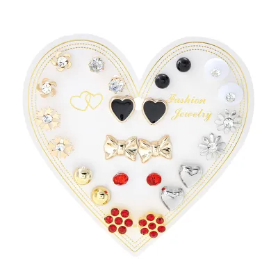 Women's Fashion Creative 12 Pair Floral Imitation Pearl Round Bead Earrings Set With Alloy Rhinestone