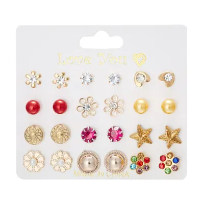 Women's Fashion Creative 12 Pair Floral Imitation Pearl Round Bead Earrings Set With Alloy Rhinestone