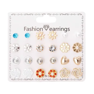 Women's Fashion Creative 12 Pair Floral Imitation Pearl Round Bead Earrings Set With Alloy Rhinestone