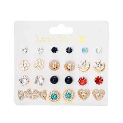 Women's Fashion Creative 12 Pair Floral Imitation Pearl Round Bead Earrings Set With Alloy Rhinestone
