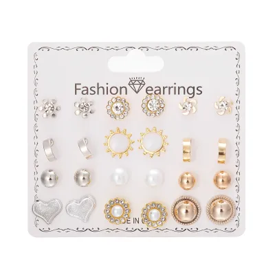 Women's Fashion Creative 12 Pair Floral Imitation Pearl Round Bead Earrings Set With Alloy Rhinestone