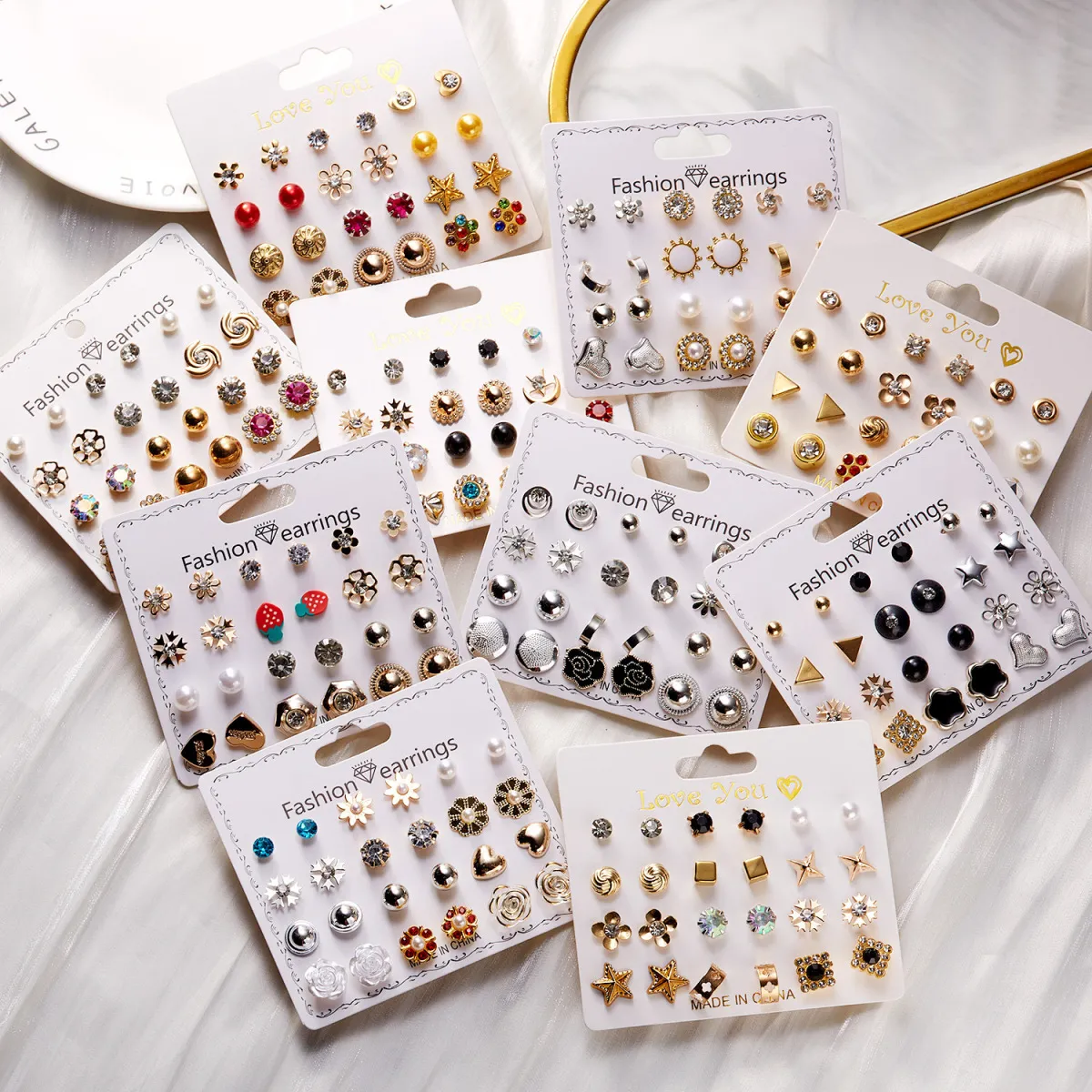 Women's Fashion Creative 12 Pair Floral Imitation Pearl Round Bead Earrings Set With Alloy Rhinestone