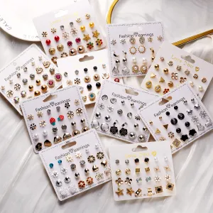Women's Fashion Creative 12 Pair Floral Imitation Pearl Round Bead Earrings Set With Alloy Rhinestone