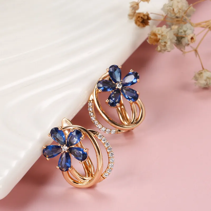 Women's Fashion Small Fresh Blue Floral Rhinestone Earrings