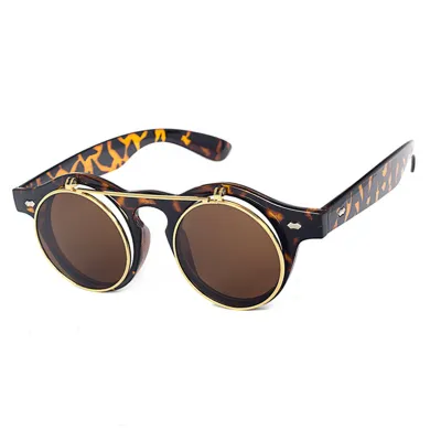 Men Fashion Punk Double Layer Flap Metal Round Sunglasses