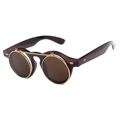 Men Fashion Punk Double Layer Flap Metal Round Sunglasses