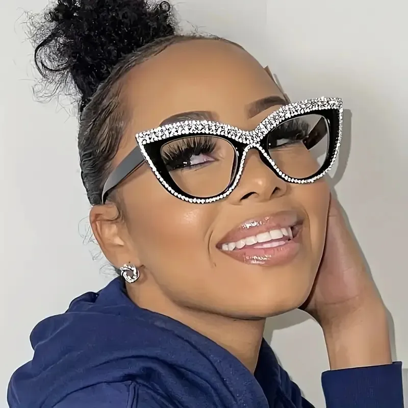 Women Fashion Cat Eye Diamond Flat Mirror Anti-Blue Light Glasses Frame