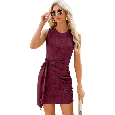 Summer Women Fashion Sexy Round Neck Sleeveless Knitted Lace-Up Midi Dress