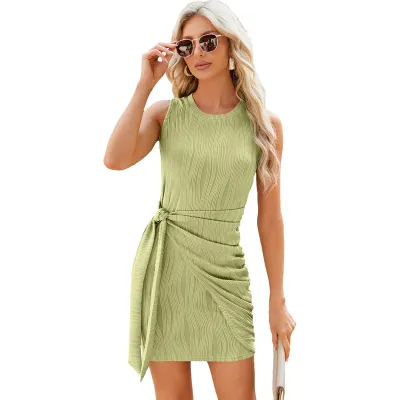 Summer Women Fashion Sexy Round Neck Sleeveless Knitted Lace-Up Midi Dress
