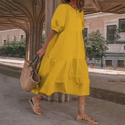 Summer Women Casual Bohemian Solid Color Loose Midi Dress