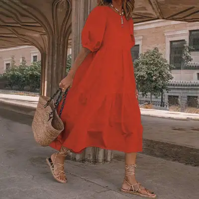 Summer Women Casual Bohemian Solid Color Loose Midi Dress