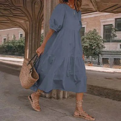 Summer Women Casual Bohemian Solid Color Loose Midi Dress