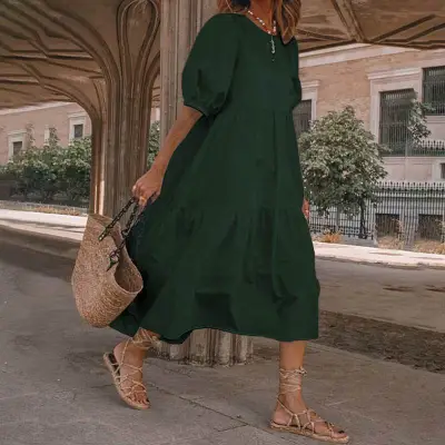 Summer Women Casual Bohemian Solid Color Loose Midi Dress
