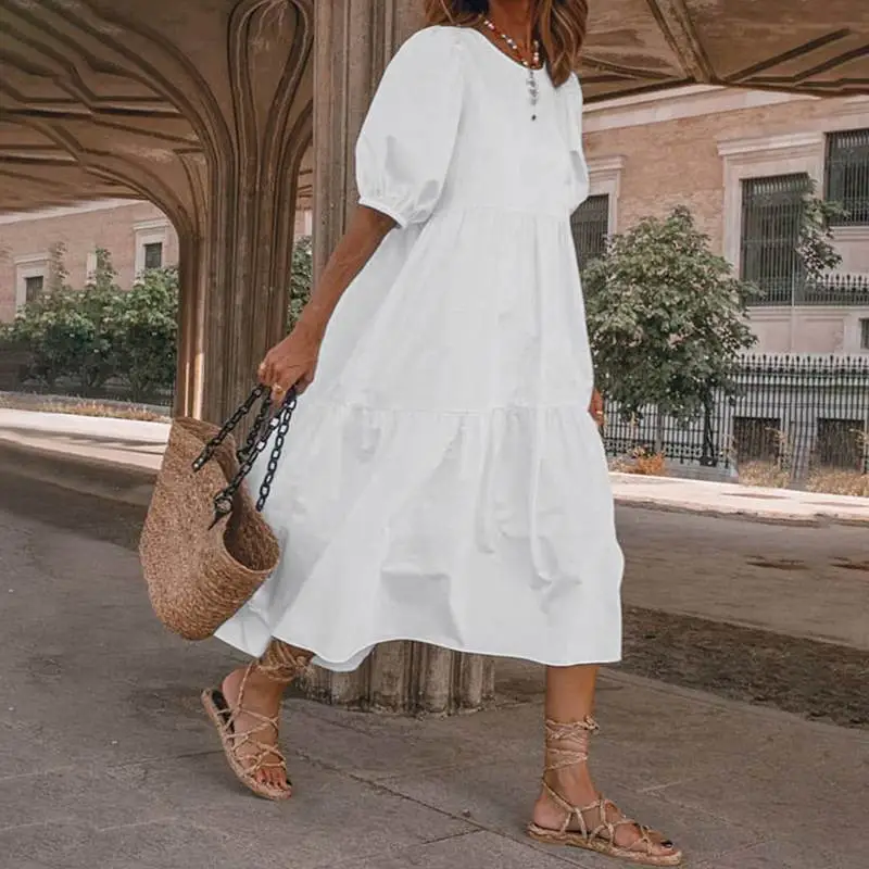 Summer Women Casual Bohemian Solid Color Loose Midi Dress