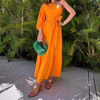 Summer Women Fashion Sexy Oblique Shoulder Solid Color Lace-Up Midi Dress