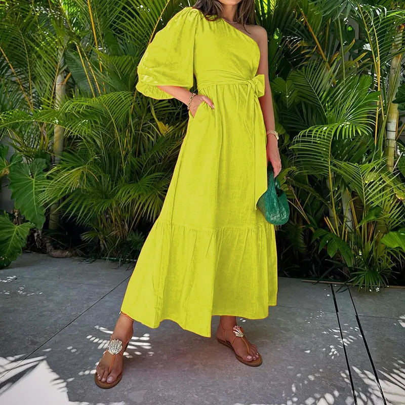Summer Women Fashion Sexy Oblique Shoulder Solid Color Lace-Up Midi Dress