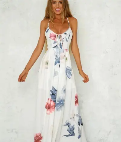 Summer Women Fashion Floral Printed Suspenders Maxi Dress